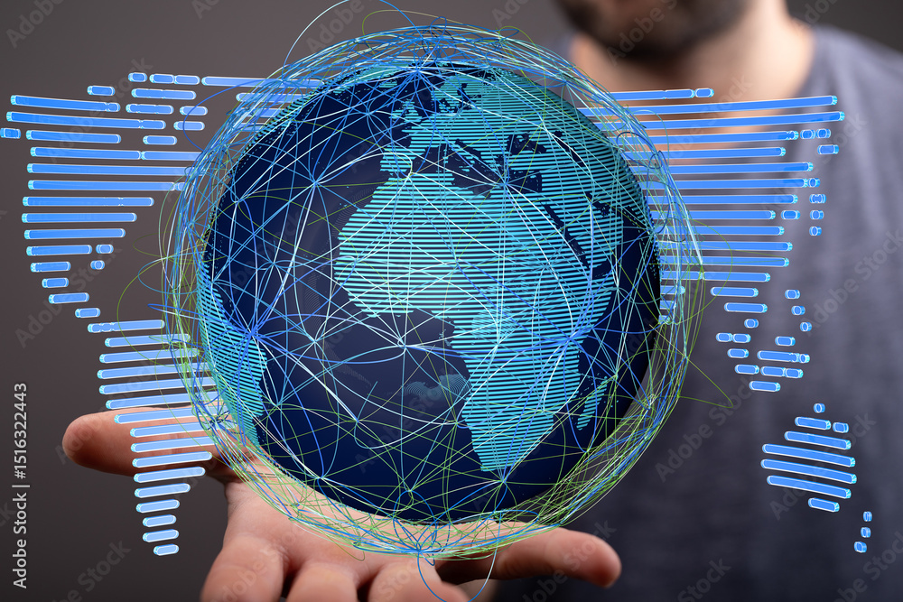 Poster image of a hand holding a digital globe, showcasing global network connections and data flow.