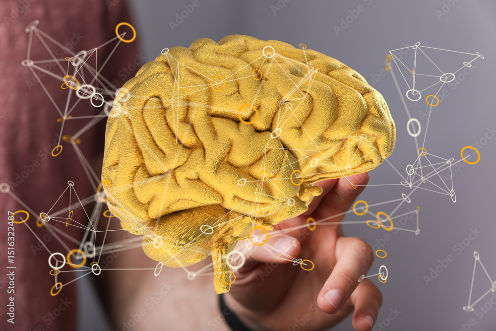 Aufkleber abstract image of a golden brain representing intelligence, ai, and neural connections.