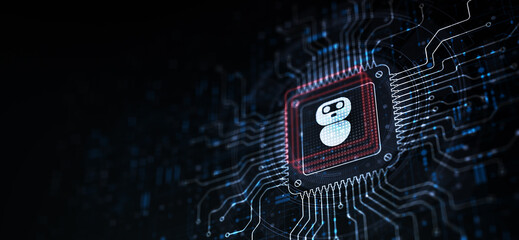 Chat Bot Automating Customer Interactions Illustrated on a Processor Touched by a Human Hand.