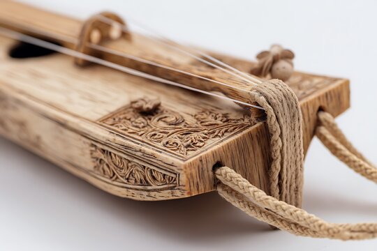 a rubab instrument resting gently as strings vibrate from a final note, captured from an elegant overhead angle, highlighting carved wooden details against a pure
