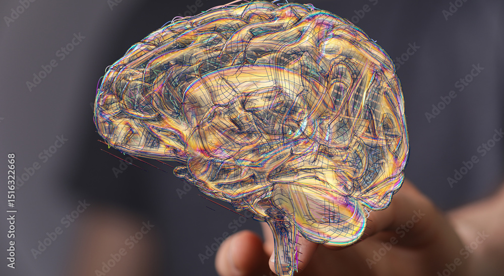 Poster intricate artwork depicting a human brain's neural network. ideal for ai, neuroscience, and technolo