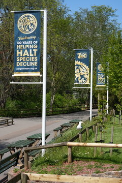 Banners at Paignton Zoo. 100 years anniversary. Paignton, Devon, England, UK. May 2025. 