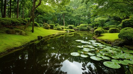 Fototapeta premium A serene Japanese garden landscape, with a dark, still pond reflecting lush, vibrant green trees and bushes, featuring large, circular lily pads