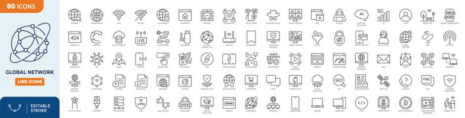 Plakat Global Network line editable icon set. Editable stroke. Vector illustration