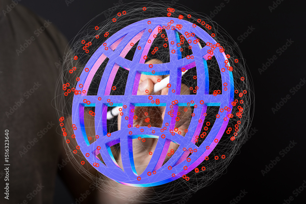 Leinwandbilder hand interacts with a 3d global network, symbolizing connection and communication.