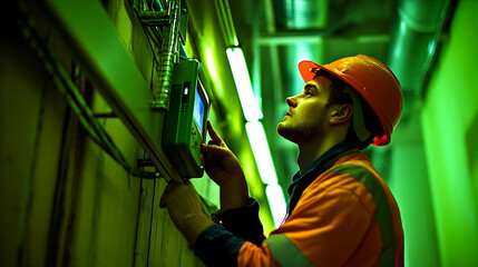 Worker in an industrial setting inspecting equipment under green lighting