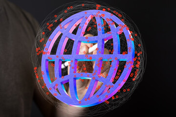 Hand interacts with a 3D global network, symbolizing connection and communication.