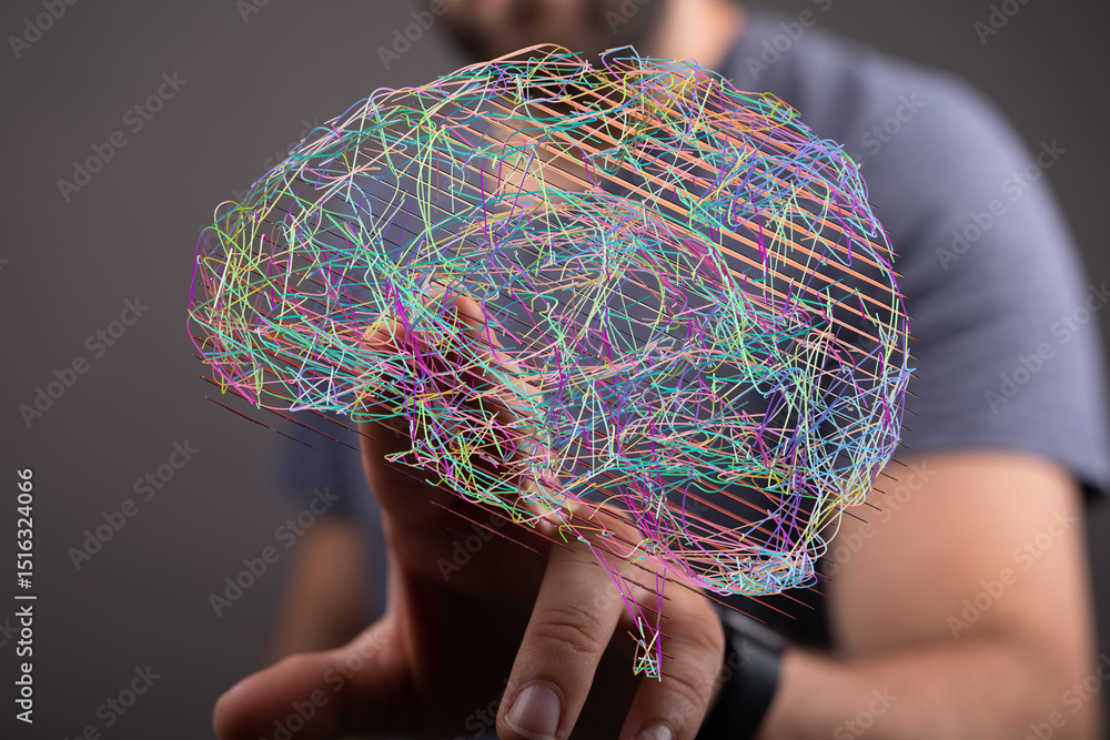 Aufkleber stock photo of a hand interacting with a colorful, abstract representation of a brain's neural netwo