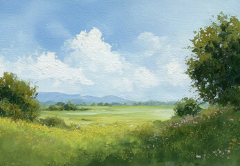 Vintage Oil Painting of Spring Landscape – Green Grass, Trees, Distant Clouds, Thick Brush Strokes, Impressionist Style, Minimal Detail, Pastel Colors, Neutral Tones, Soft Light, Nature Scene © AbstractHeisenberg