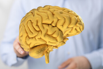 Unlock your brain's potential.  Image of a golden brain symbolizes intelligence, neurology, and cognitive function.