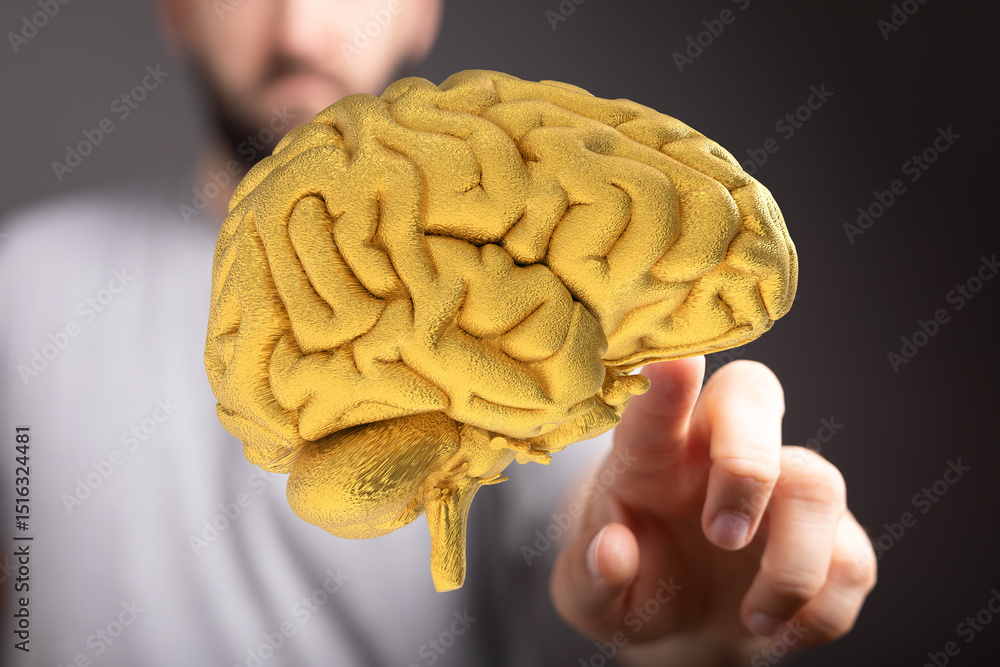 Poster abstract image of a golden brain. concept for intelligence, ideas, and neurology.