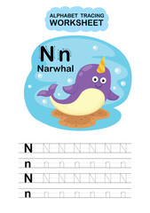 Illustration Isolated Animal Alphabet Tracing Worksheet  Letter N-Narwhal