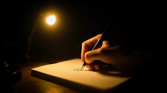 A hand holds a pen and writes on a blank notepad illuminated by a warm lamp. This quiet moment takes place late at night, fostering creativity and deep thought