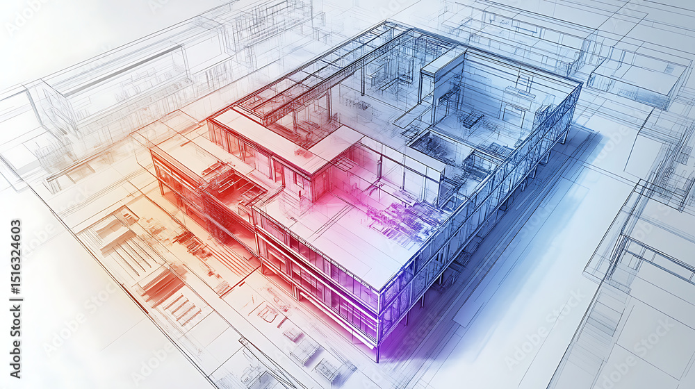 Poster a blue and white building with a lot of windows and a large open space. the building is designed to 
