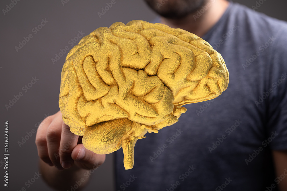 Poster conceptual image of a golden brain, representing intelligence, ideas, and innovation.