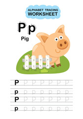 Illustration Isolated Animal Alphabet Tracing Worksheet  Letter P-Pig