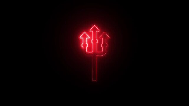 Abstract neon glowing of trident on a black background. Neptune trident.Trident devil flat. Neptune red trident.