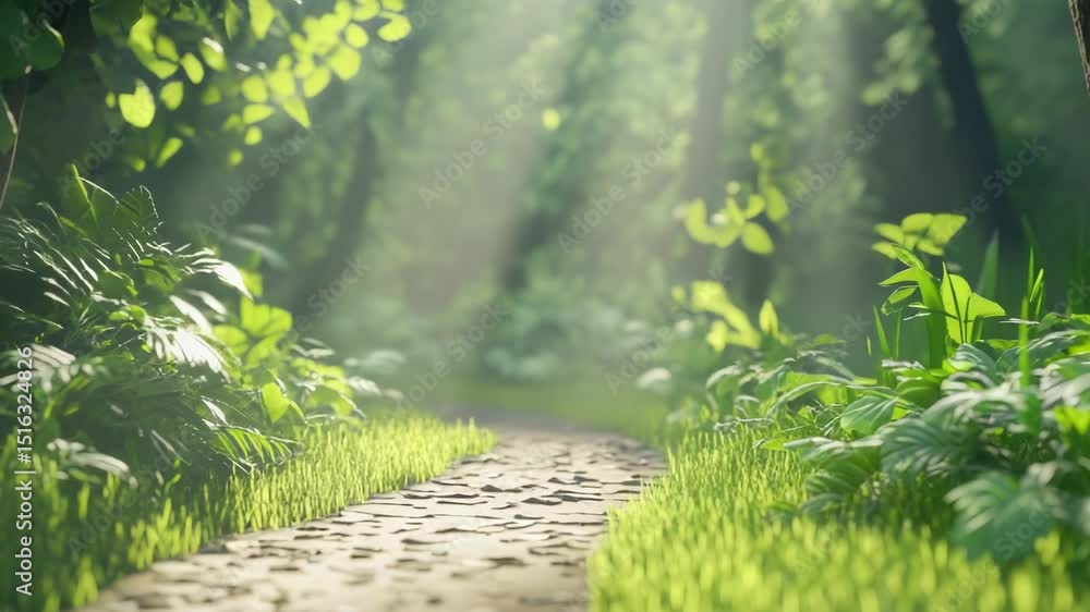 Poster a serene path winding through dense foliage in a lush green forest