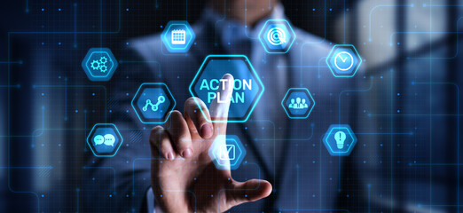 Action Plan Strategic Planning and Goal Setting, projection on a virtual screen, Business and...