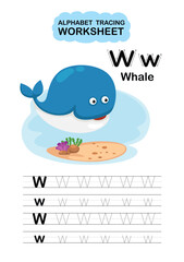 Illustration Isolated Animal Alphabet Tracing Worksheet  Letter W-Whale