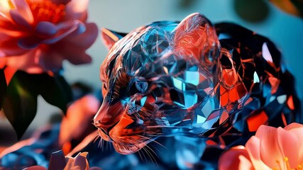 Crystal cat resting among blooming flowers in a visually striking colorful display featuring blues and pinks - Powered by Adobe
