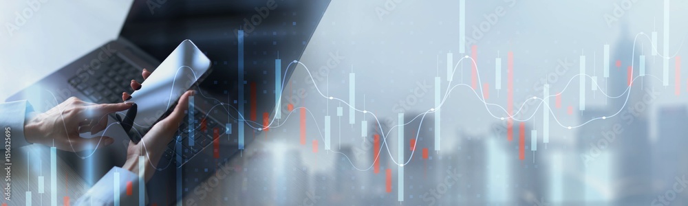 Poster financial data analysis with advanced digital tools and market insights.
