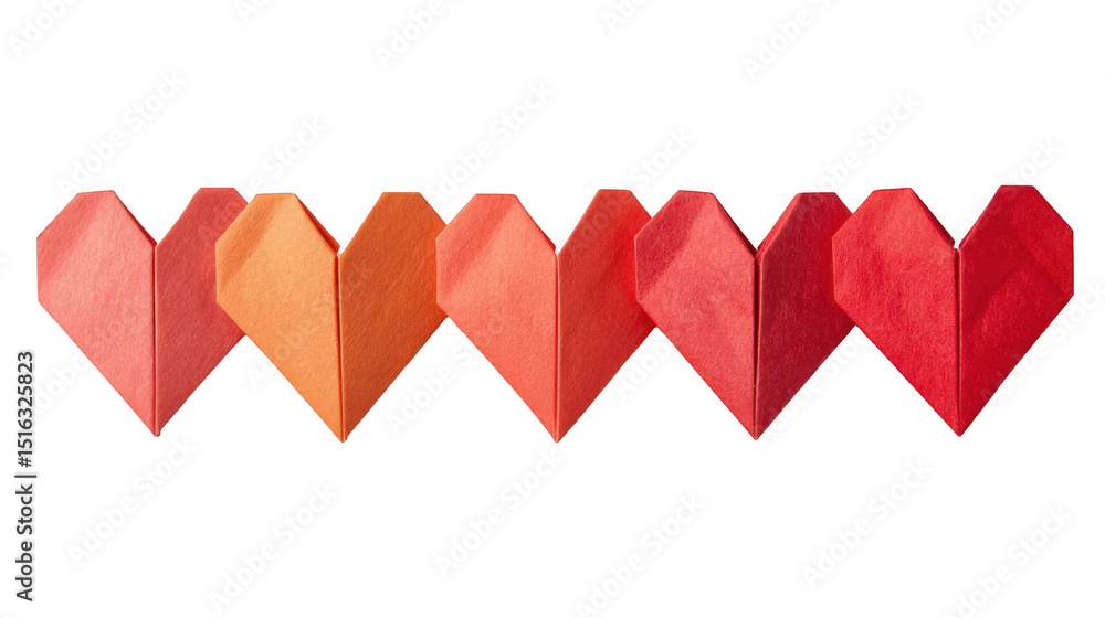 Aufkleber five origami hearts are arranged in a horizontal row, creating a gradient of shades from light red t