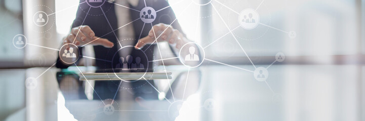 HR Recruitment, Organizational Structures, and Digital Networking in a Connected Workplace on a Wide Banner, Business and Technology Concept.
