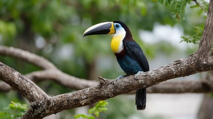 Fototapeta premium Colorful Toucan perches branch jungle background shows vibrant plumage. AI generated.