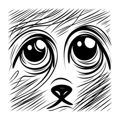 Close up sketch of a cute animal face with big eyes and a small nose rendered in black and white lines.