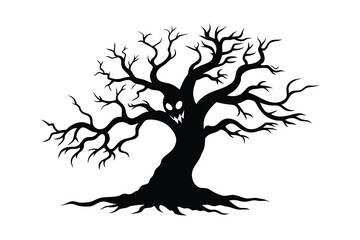 Spooky silhouette halloween tree vector illustration with a scary face and bare branches