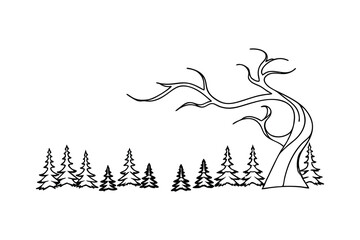 Simple black and white illustration of a bare tree and evergreen forest silhouette