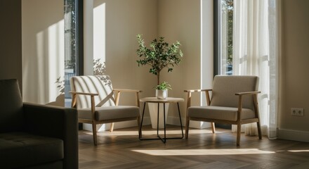 Cozy living room with two armchairs and a plant in natural light  