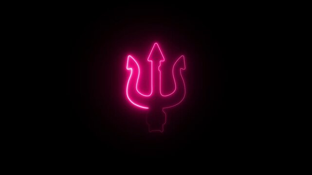 Abstract neon glowing of trident on a black background. Neptune trident.Trident devil flat. Neptune red trident.