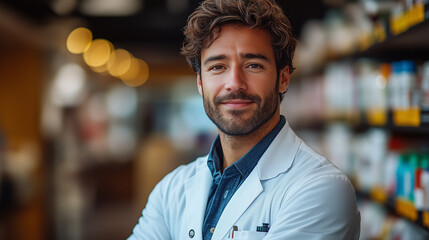 Professional pharmacist in white coat reviewing medications in drugstore, healthcare expertise and trust