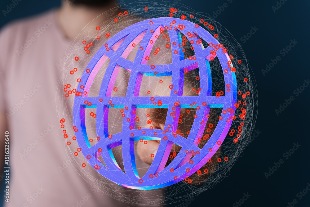 Poster person interacts with a 3d global network, symbolizing connection and data flow.
