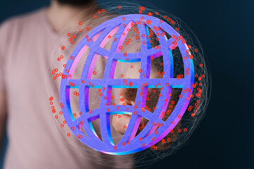 Person interacts with a 3D global network, symbolizing connection and data flow.