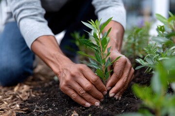 Fototapeta premium A close-up of hands gently planting a young green sapling, symbolizing growth, nurturing, and the importance of caring for our environment and the future generations.