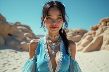 Smiling Young Woman in Elegant Blue Dress Posing Against Desert Rocks