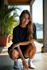 Young woman with a happy mood crouching against an outdoor tropical background with copy space.