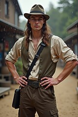 Serious Young Man in Adventurous Outfit Standing in Rainy Street