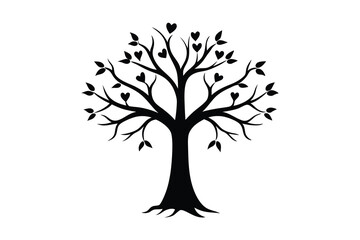 Black silhouette tree design with heart shaped leaves representing love and nature.