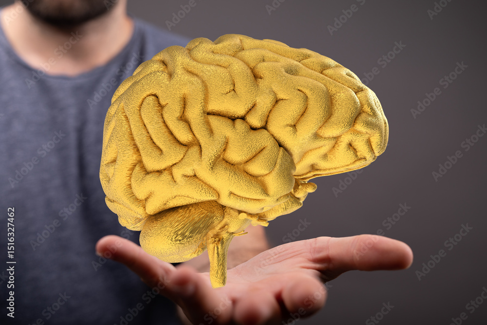 Poster conceptual image of a golden brain held in a hand, symbolizing intellect, wisdom, and innovative thi