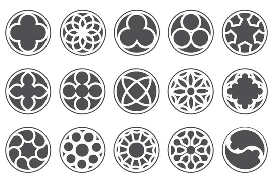 Gothic circle rose window with medieval ornament. Cathedral and castle rosettes on white background. Christian architecture elements with stained glass. Radial vector frames set.