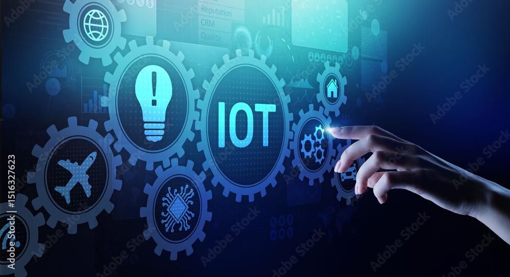 Poster iot internet of things digital transformation modern technology concept on virtual screen.