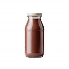 A bottle of rich chocolate milk, showcasing its creamy texture. The brown liquid is filled up to the neck, complemented by a silver cap. Perfect for dessert lovers.