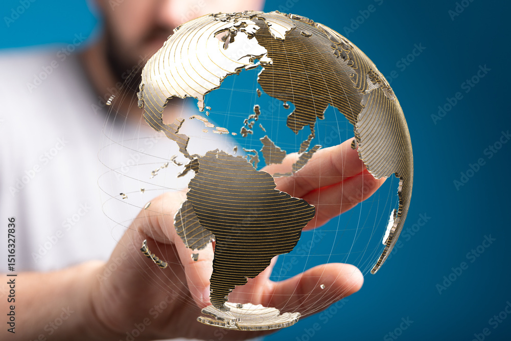 Aufkleber Person interacts with a digital globe, symbolizing global connection and networking.