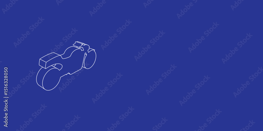 Poster the outline of a large bike symbol made of white lines on the left. 3d view of the object in perspec