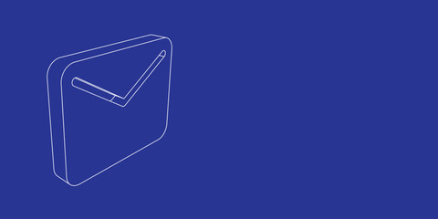 The outline of a large email symbol made of white lines on the left. 3D view of the object in perspective. Vector illustration on indigo background