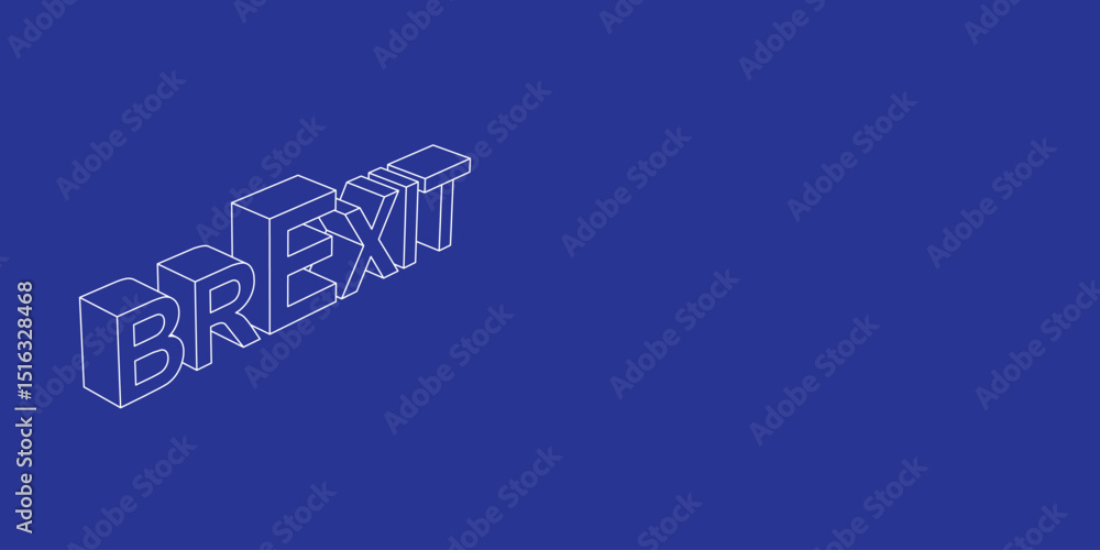 Poster the outline of a large brexit symbol made of white lines on the left. 3d view of the object in persp
